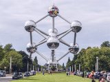 DSC7582  The Atomium, oriiginally constructed for Expo 58, the 1958 Brussels World's Fair. Designed by the engineer André Waterkeyn and architects André and Jean Polak, it stands 102 m tall. Its nine 18 m diameter stainless steel clad spheres are connected so that the whole forms the shape of a unit cell of an iron crystal magnified 165 billion times.